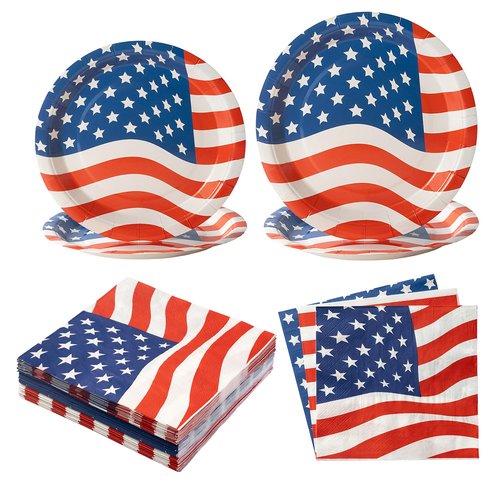 192PCS American Flag Patriotic Party Plates and Napkins Set Supplies for Veterans, Election, 4th of July, Independence Day Decorations, BBQ, Picnic, Summer Celebration Serves 48 Guests