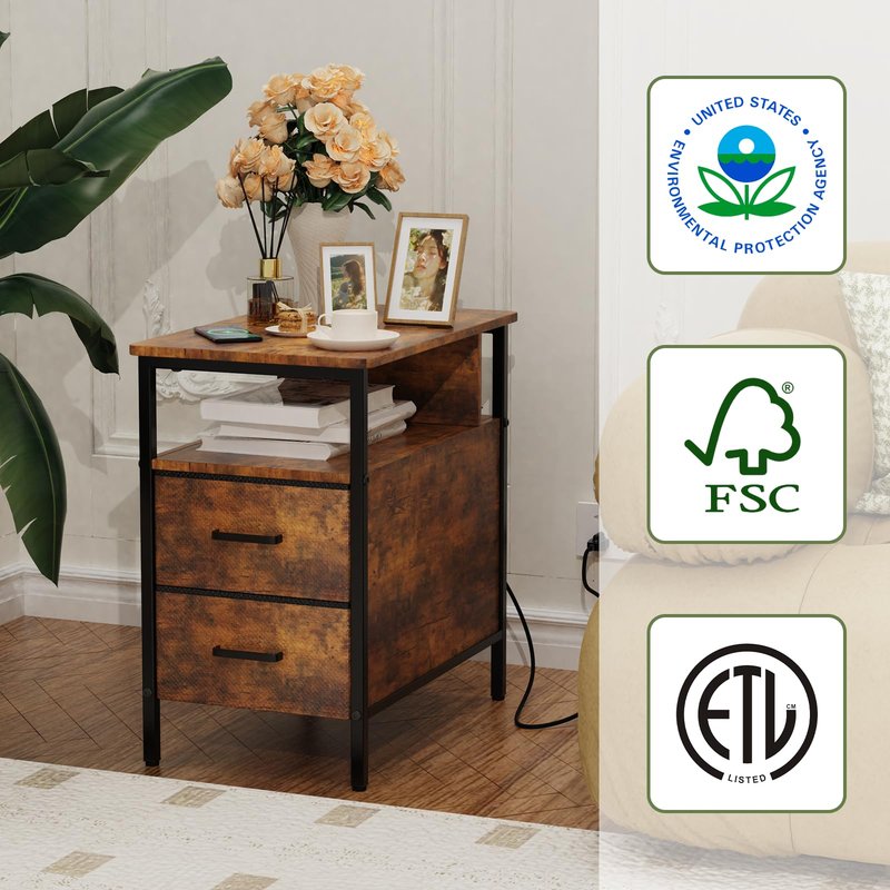 JCMCDO End Table with Charging Station, Narrow Side Table with 2 Fabric Drawer & Storage Shelf, USB Ports & Power Outlets, Narrow Nightstand for Bedroom Living Room and Small Spaces, Rustic Brown