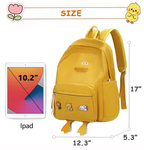 HuiLeo Cute Dcuk Backpack for Teens Girls Women, Kawaii Funny Aesthetic Corduroy Bookbag for High Middle School, Yellow