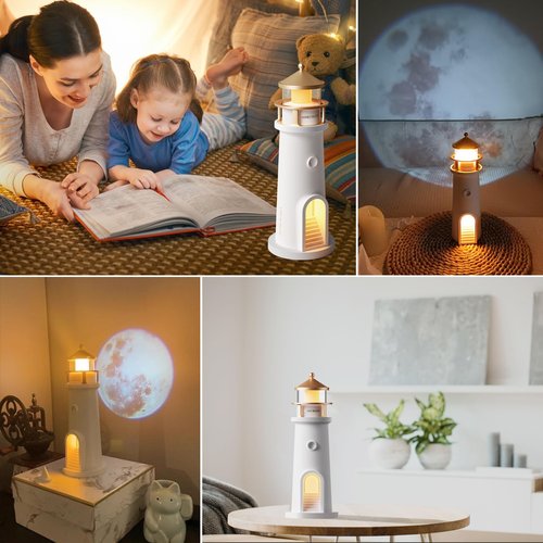 Lighthouse Table Lamps with Remote - Ultra HD Realistic Moon Projection, Flicker-Free Soft Warm White Light, 4 Brightness Adjustable &Timer, Rechargeable Nautical Bedside Lamp for Bedroom Living Room