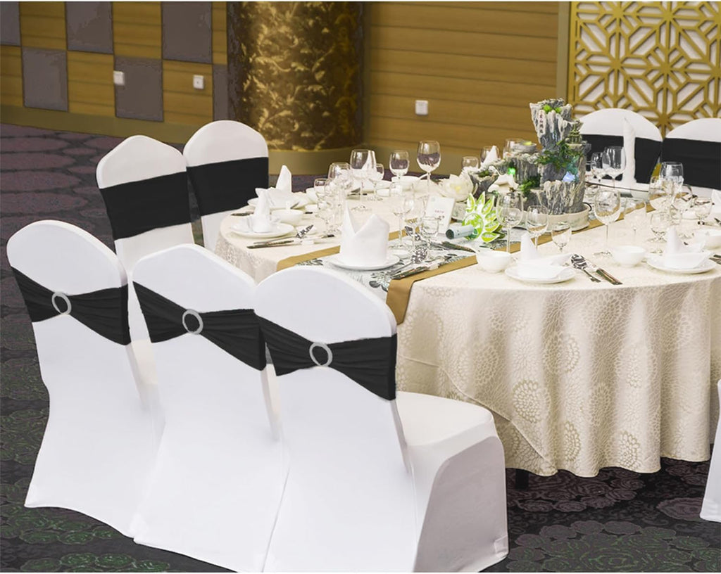 Skiennix 50-Pack Black Spandex Chair Sashes - Elegant Buckle Design for Weddings & Events
