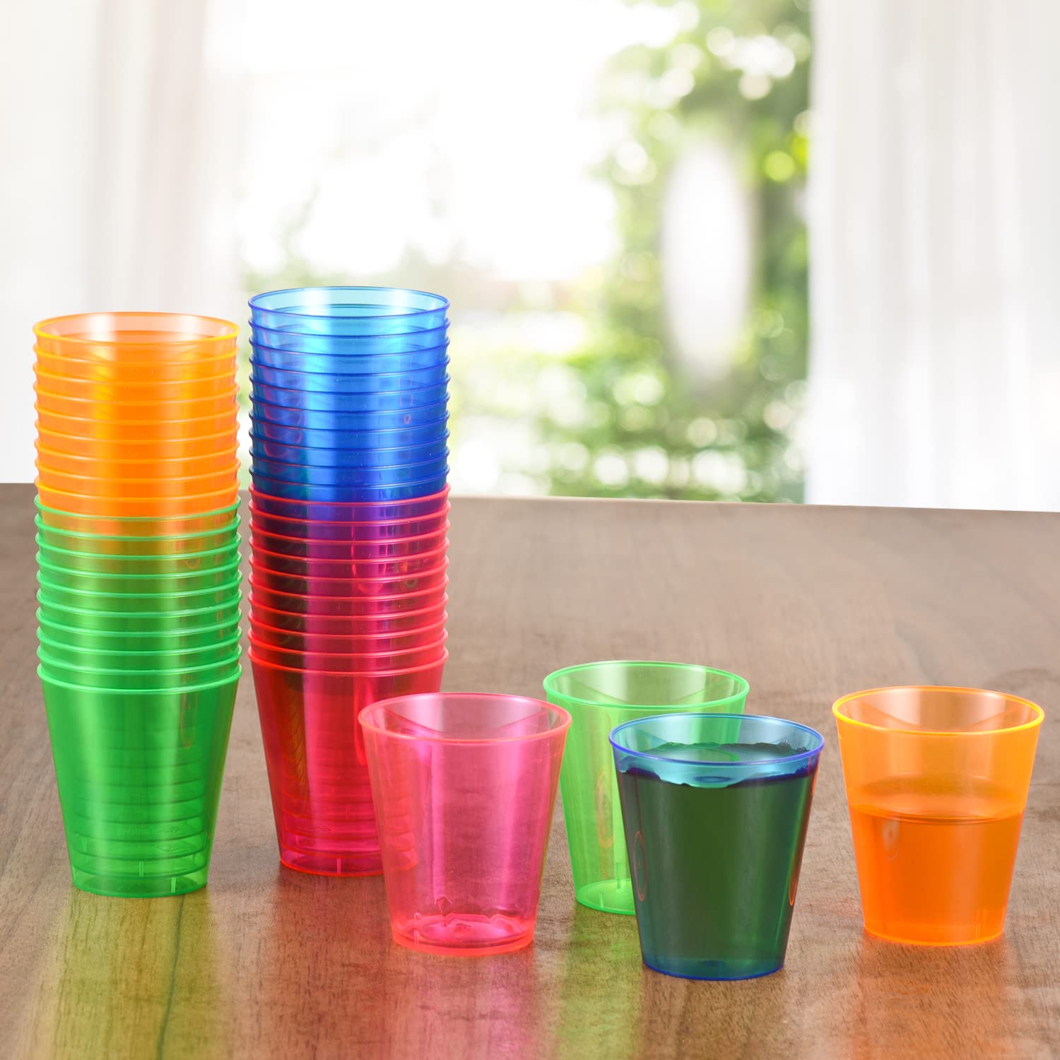 QIANQUEYUE 250 Pack 2oz Disposable Hard Plastic Cups Shot Glasses, Jello Cups, Iridescent Neon Birthday Christmas Party Supplies