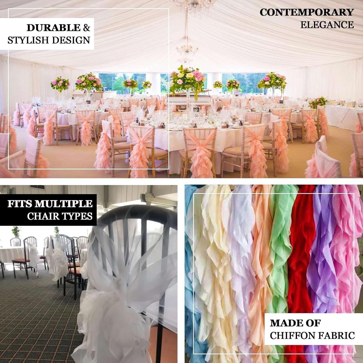 TableclothsFactory Premium Designer Curly Willow Chiffon Chair Sashes - Nude | Perfect for Weddings & Events