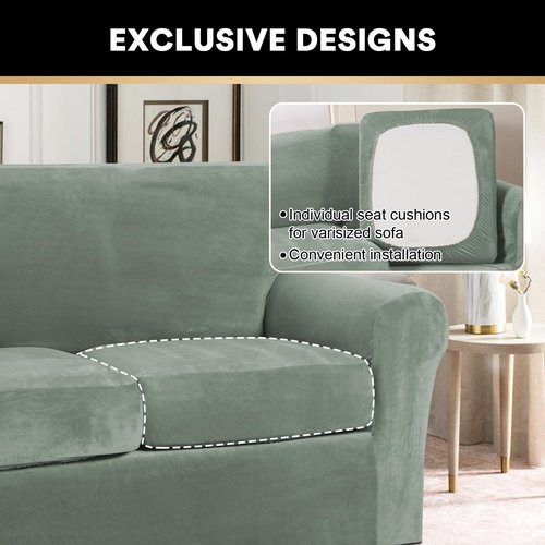 PrinceDeco Couch Cover Velvet Plush Sofa Covers for 2 Cushion Couch Width Up to 90 Inch Washable Furniture Protector Pet Friendly No Slip Sofa Slipcover(Medium-Large, Seagrass)