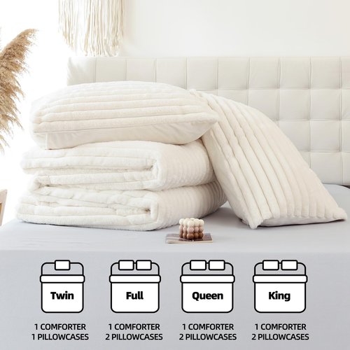 Smoofy Fluffy Queen Comforter Set 3 Pieces - Cream White Fleece Fluffy Comforter Set, Luxury Fuzzy Queen Bedding Set, Soft Warm Bed Set All Season, Heavy Faux Fur Comforter with 2 Pillow Cases