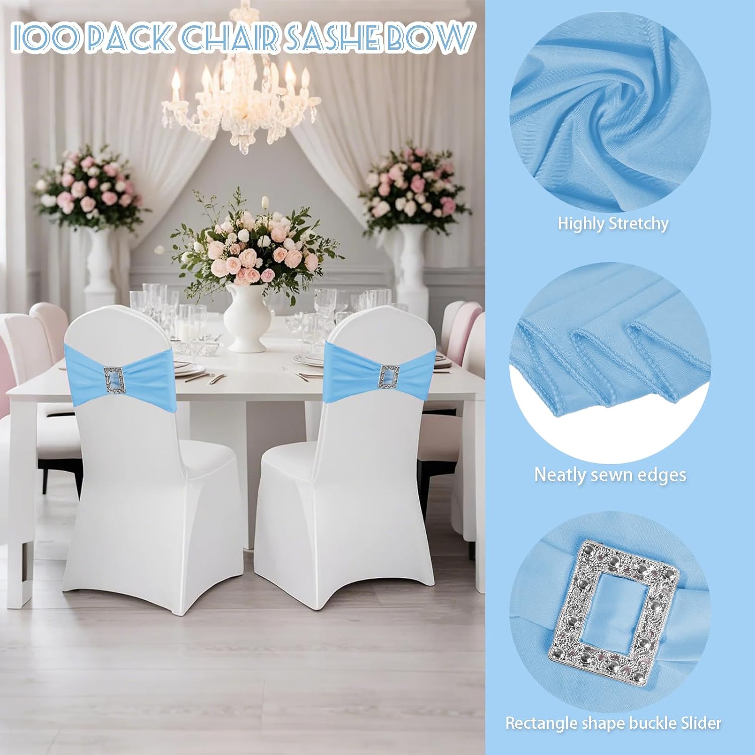 Skiennix Spandex Stretch Chair Sashes - 100 Pack Elastic Covers with Buckle Slider for Weddings & Events | Baby Blue