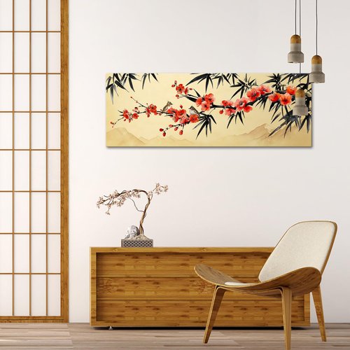 iKNOW FOTO Large Bamboo Plum Blossoms Chinese Traditional Wall Art with Birds Black and Red Canvas Painting for Living Room, Hallway, Home Office, Asian Wall Decor, Modern Chinese Art 20x55 Inches