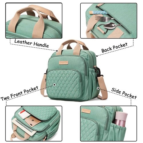 Scorlia Insulated Lunch Bag Thermal Rucksack, 3 in 1 Convertible Lunch Tote with Side pockets for Women, Tall lunch Cooler Box with Drinks Holder for Office, Beach, Green