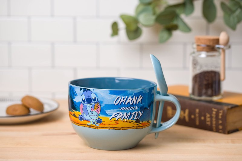 Silver Buffalo Lilo and Stitch Featuring Scrump Ohana Means Family Ceramic Soup Mug Spoon Set, 24 Ounces
