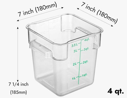 CURTA 4 Pack Food Storage Container with Green Lid - NSF Commercial Grade in 4.0 Qt - Square, Clear, Polycarbonate