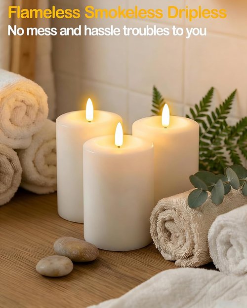 Gmnee Flameless Candles - Flickering LED Pillar Candles with Remote Timer | Set of 3 White Real Wax Decor
