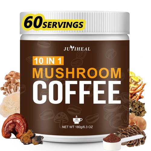 JUYIHEAL Mushroom Coffee, 10 in1 Mushroom Powder Coffee with Lions Mane, Chaga, Reishi, Cordyceps, Maitake, Shiitake, and Turkey Tail for Energy, Focus, Immune Support, 180g