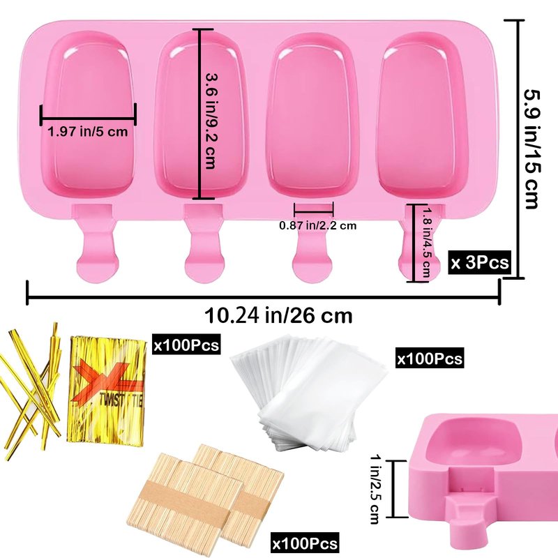 3pcs Large Silicone Popsicle Molds Set,BZIDII 4 Cavities Cake Pop Molds,Oval Ice Cream Bar Mold Ice Pop Cakesicle Molds Silicone with 100 Wooden Sticks & 100 Bags &100 Twist Ties(Pink)