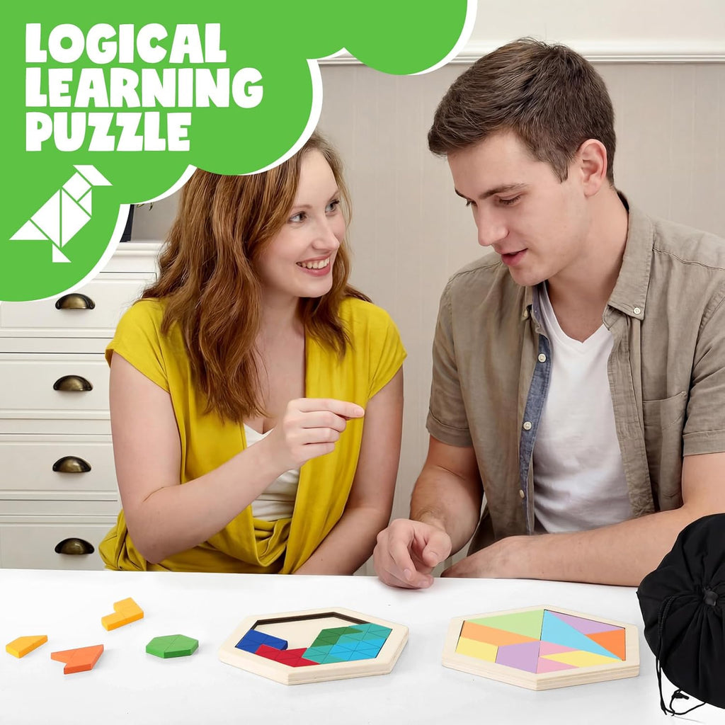 Yunsailing Large Hexagon Tangram Puzzle Set - 3 Wooden Brain Teasers for Adults | Classic Geometric Challenge