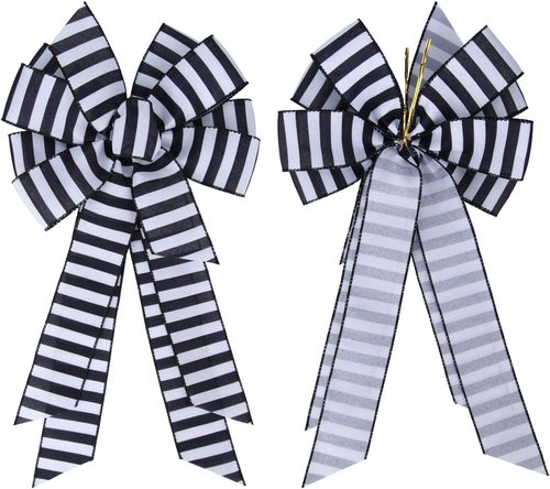 Meseey Christmas Black and White Striped Ribbon Bow - 20 x 11 Inch Farmhouse Wreath Decor