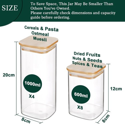 LIBWYS Square Glass Storage Jars - 12-Pack Stackable Containers with Bamboo Lids | 0.6Qt/1.06Qt Kitchen Canisters for Pantry Organization