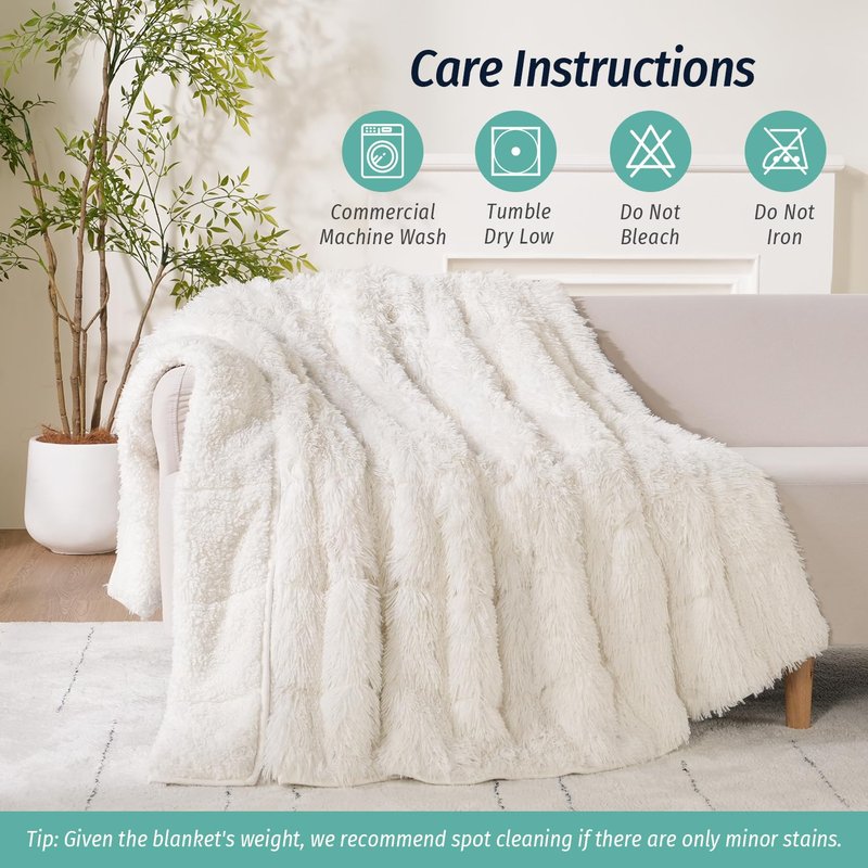 Wemore Shaggy Long Fur Faux Fur Weighted Blanket, Cozy and Fluffy Plush Sherpa Long Hair Blanket for Adult 10lbs, Fluffy Fuzzy Sherpa Reverse Heavy Blanket for Bed, Couch, Cream White, 48 x 72 Inches