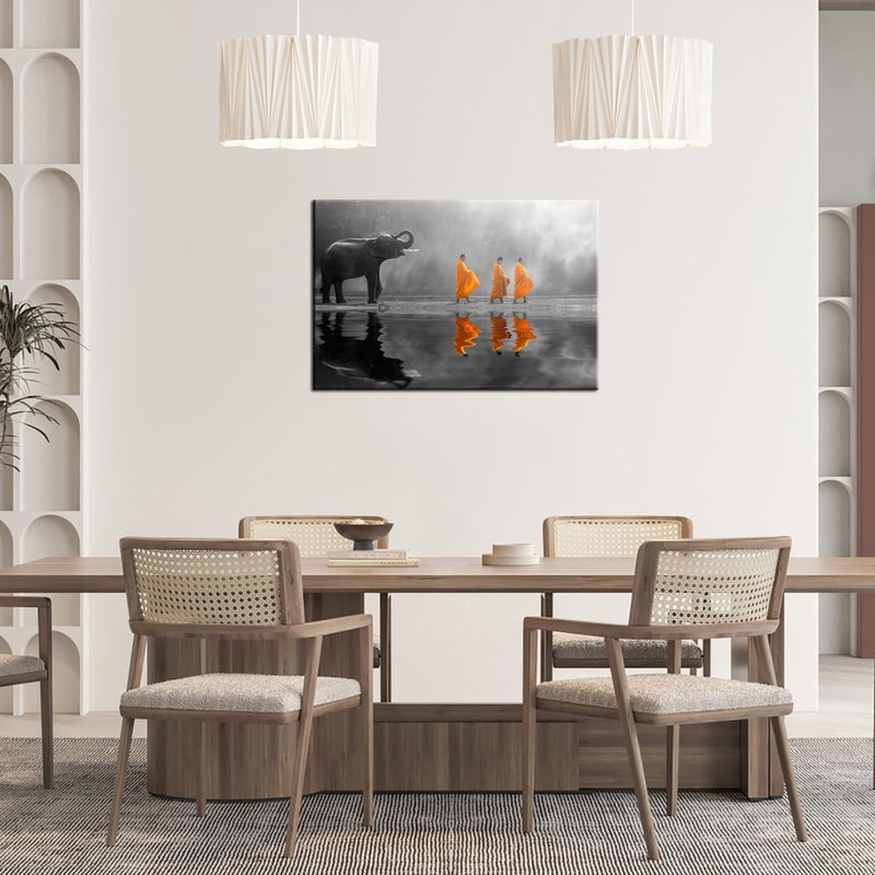 sechars - Thai Elephant Canvas Wall Art Peaceful Monk Pictures Painting Zen Massage Room Wall Decoration Framed Artwork 24"X36"