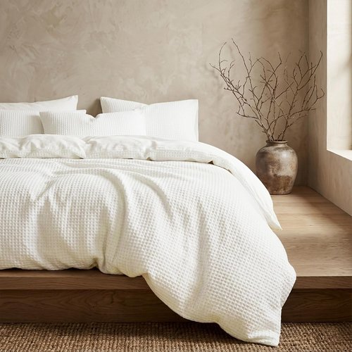 DCSKY Cotton Duvet Cover Queen,100% Cotton Waffle Weave White Duvet Covers Queen Size,Luxury Textured & Breathable 3pcs with 2 Pillow Shams for All Season 90x90 Inches