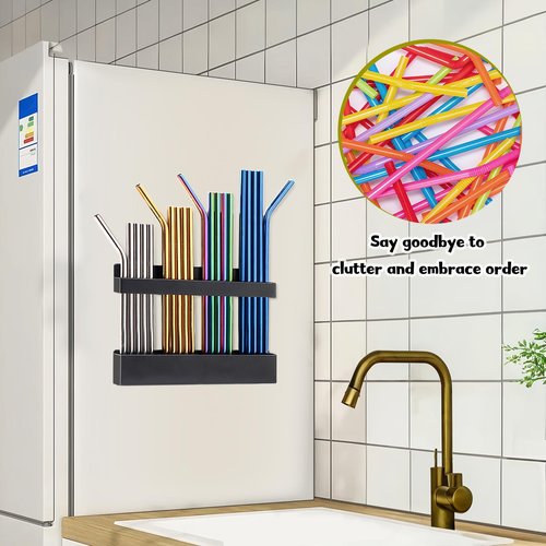 Magnetic Straw Holder for Cabinet Door - Compact Straws Storage Container with Double Sided Adhesive - Drinking Reusable Straws Dispenser for Kitchen Fridge Cupboard