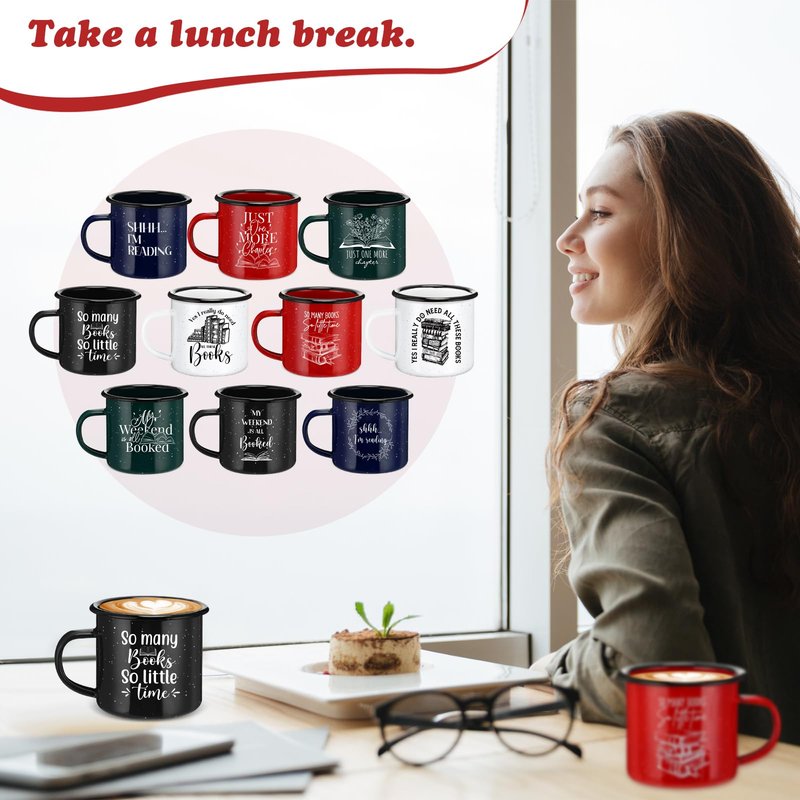 Zhehao 10 Pcs Book Lovers Gifts 12 oz Enamel Mug with Handle Christmas Gift for Teacher Study Mugs Library Coffee Mugs for Women Office Team Coworker Book Club Librarians Reader