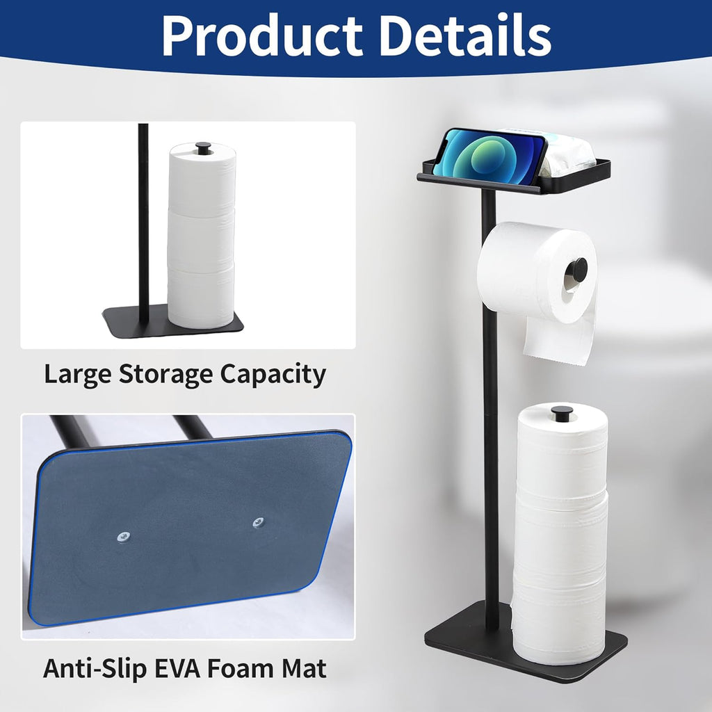 Skiennix Toilet Paper Holder Stand - Rustproof Free Standing Dispenser with Phone Shelf | Black, Holds 4 Rolls