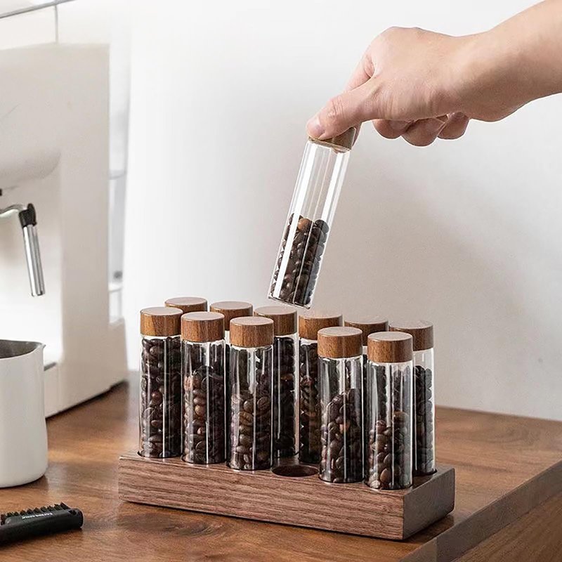 TREELF Coffee Bean Storage,Coffee Storage Container with Walnut Solid Wood Base,Coffee Bean Container,12 Tubes Single Dose with Wooden Holder(Type 1)