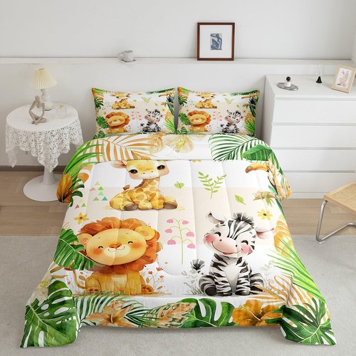 jejeloiu Kids Zoo Animal Bedding Set Full Size Cute Animal Comforter Set for Boys Girls Teens Lion Giraffe Elephant Duvet Set Tropical Leaves Quilt Set 3Pcs