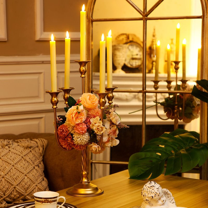 Rtteri 6 Pcs Gold Candelabra Candlestick Holder Metal Candle Stand Candelabra for Taper Candles Table Centerpieces Wedding Christmas Holiday Birthday Party (9.5 x 9.5 x 19.7 Inch,3 Arm)