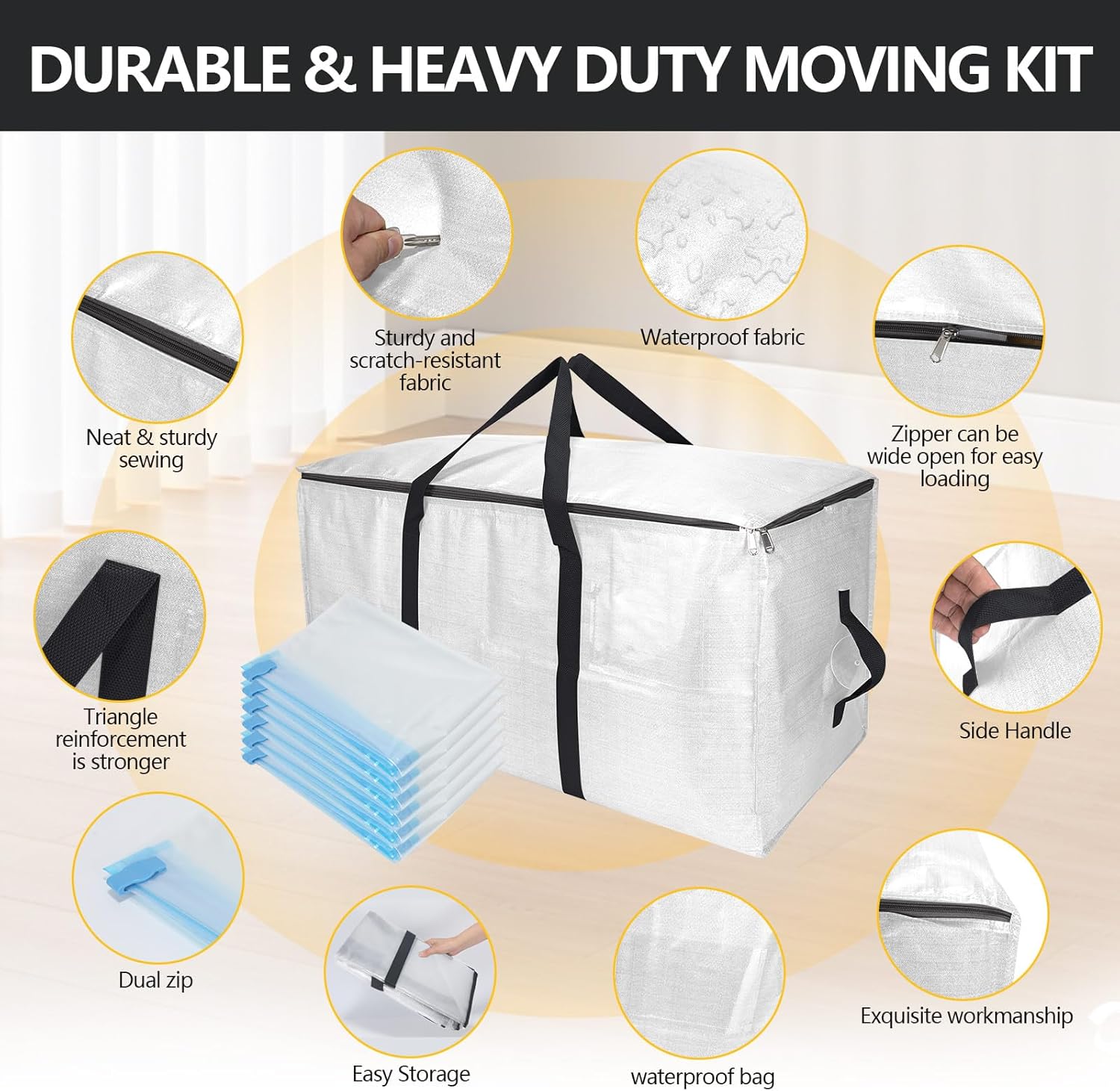 Skiennix Extra Large Heavy Duty Storage Bags Set - Waterproof Moving Totes with Handles | 6 Bags & 10 Vacuum Seal Bags for College Dorm, Travel, Camping