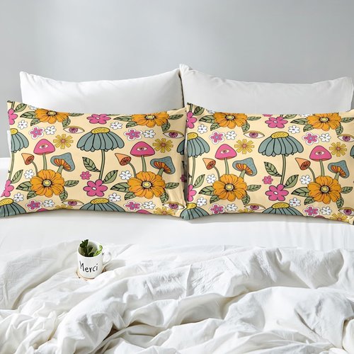 Kids 70s Retro Floral Bedding Set Twin Size,Hippie Flowers Leaves Bed Set for Child Bedroom Decor,Cartoon Eyes Mushroom Fitted Sheet Microfiber Bed Cover(1 Fitted + 1 Pillow Case)