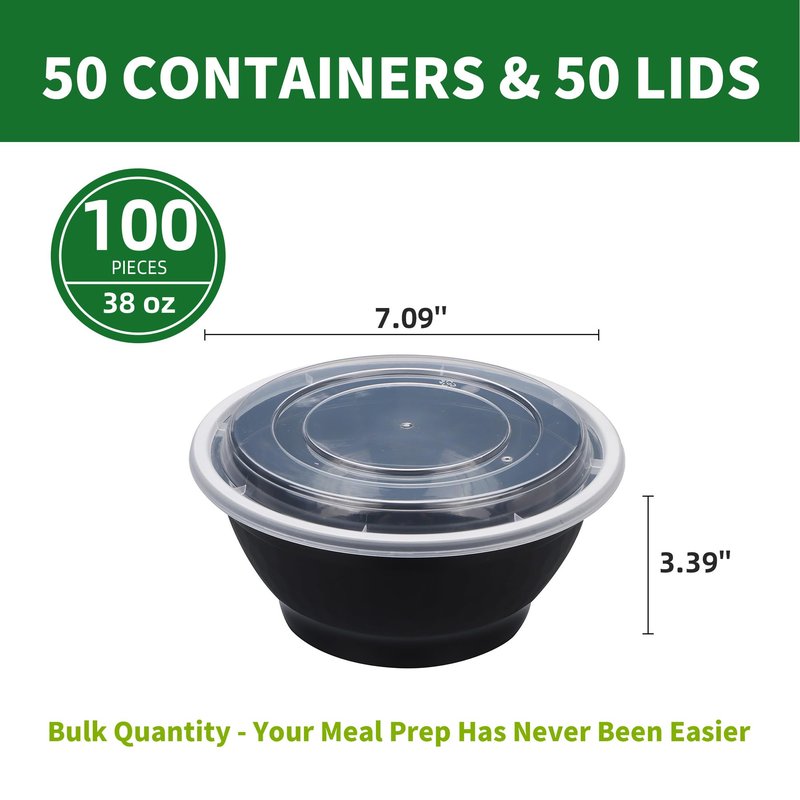 Apsic Meal Prep Bowls Containers, 50 Sets 38oz (100-Piece) Plastic Bowls with Lids for Soup Salad, Disposable To Go Food Storage Container, Round Lunch Box, BPA Free, Microwave/Dishwasher/Freezer Safe