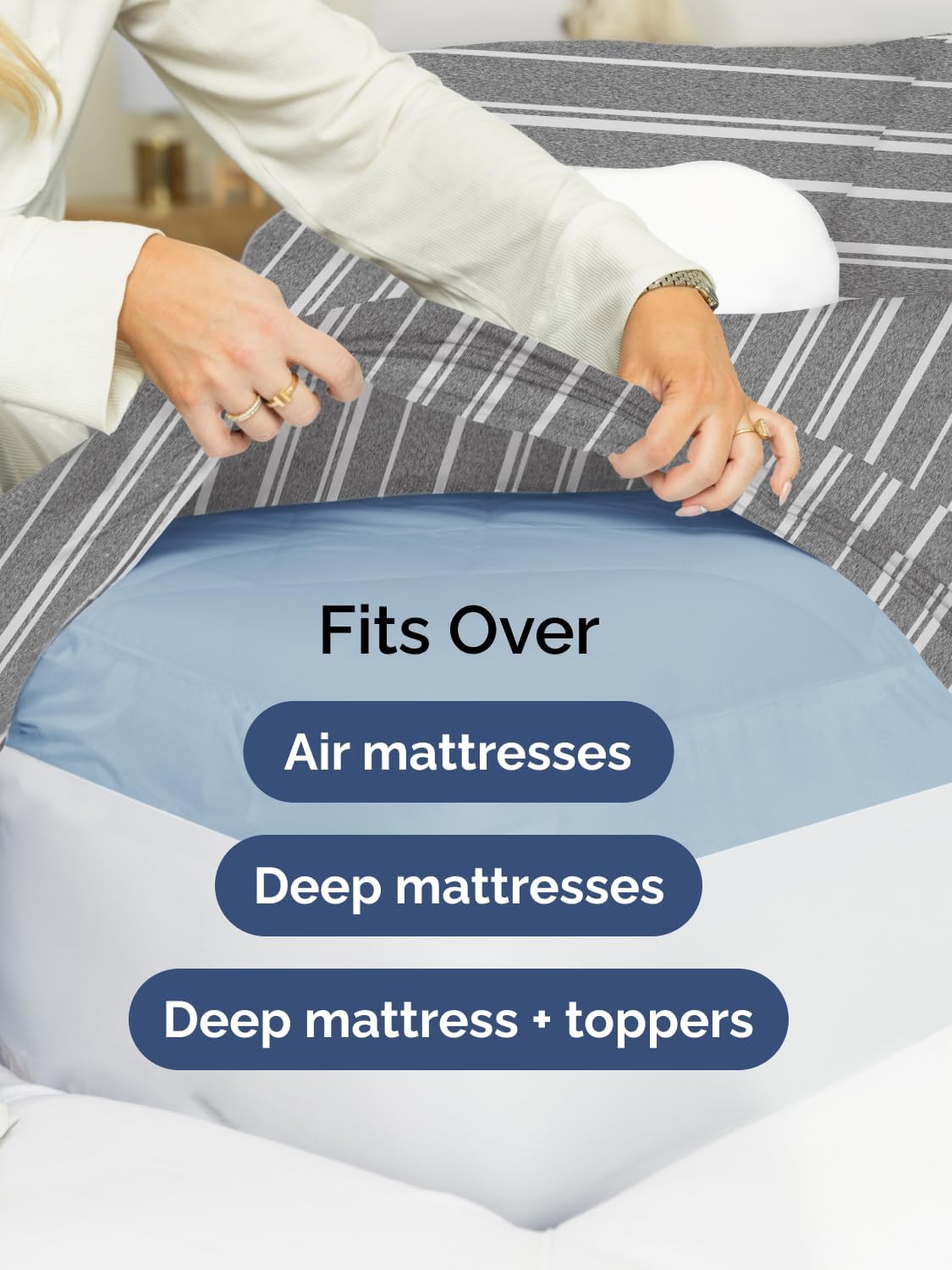 Skiennix Extra Deep Queen Sheet Set - 6 Piece Cooling Sheets for Luxurious Comfort - Soft, Wrinkle-Free, Grey Stripes