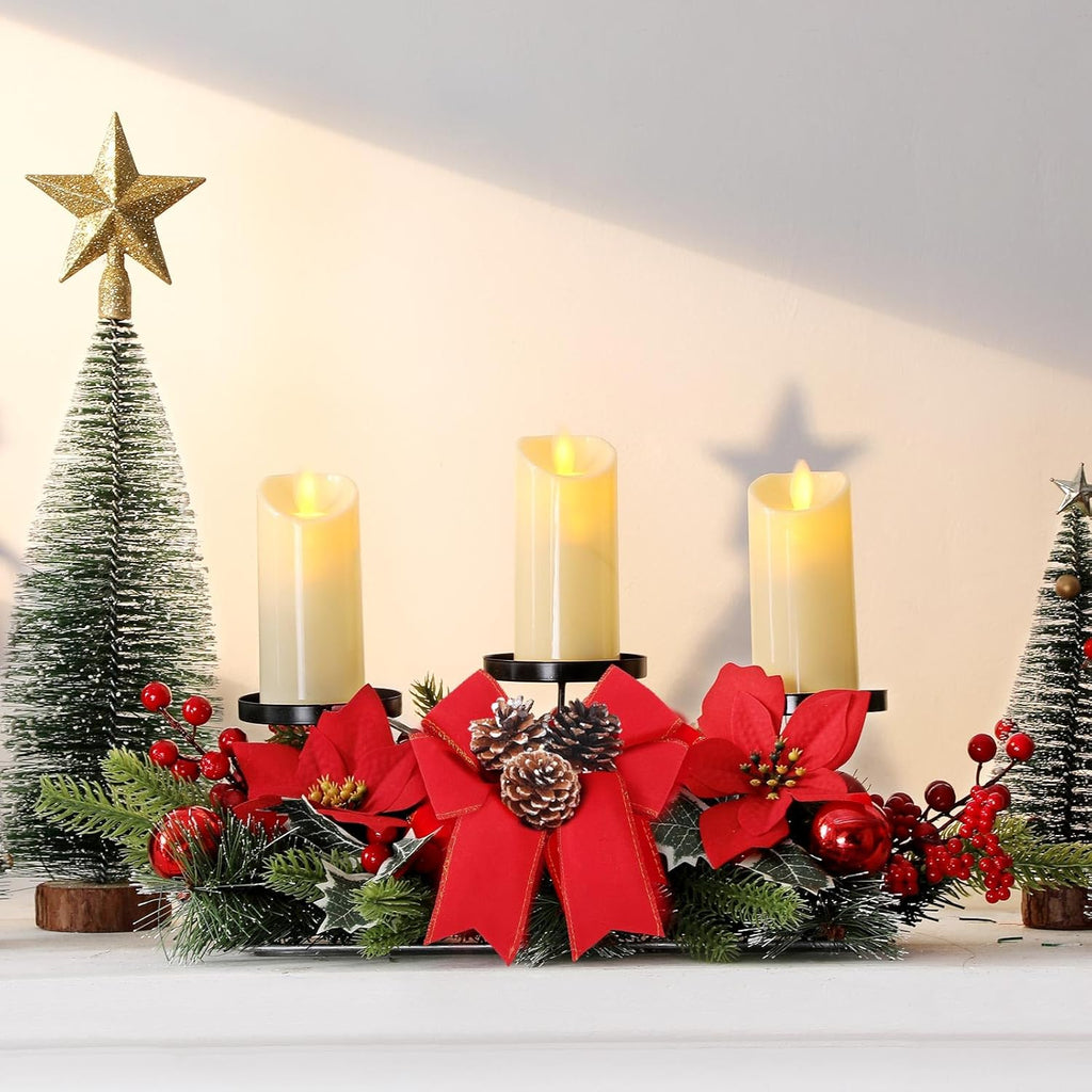 Regine Switzerland Christmas Centerpiece - 3 Candle Holders with LED Candles & String Lights | Poinsettia Red Buffalo Plaid Design
