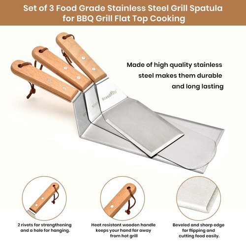Stanbroil Large Metal Griddle Spatula Set with Long Flat Spatulas and Cast Iron Grill Press for Flat Tops, Griddles, Grills, Ovens and Stoves,Set of 4