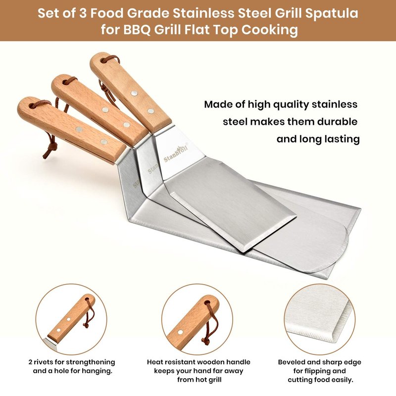 Stanbroil Large Metal Griddle Spatula Set with Long Flat Spatulas and Cast Iron Grill Press for Flat Tops, Griddles, Grills, Ovens and Stoves,Set of 4