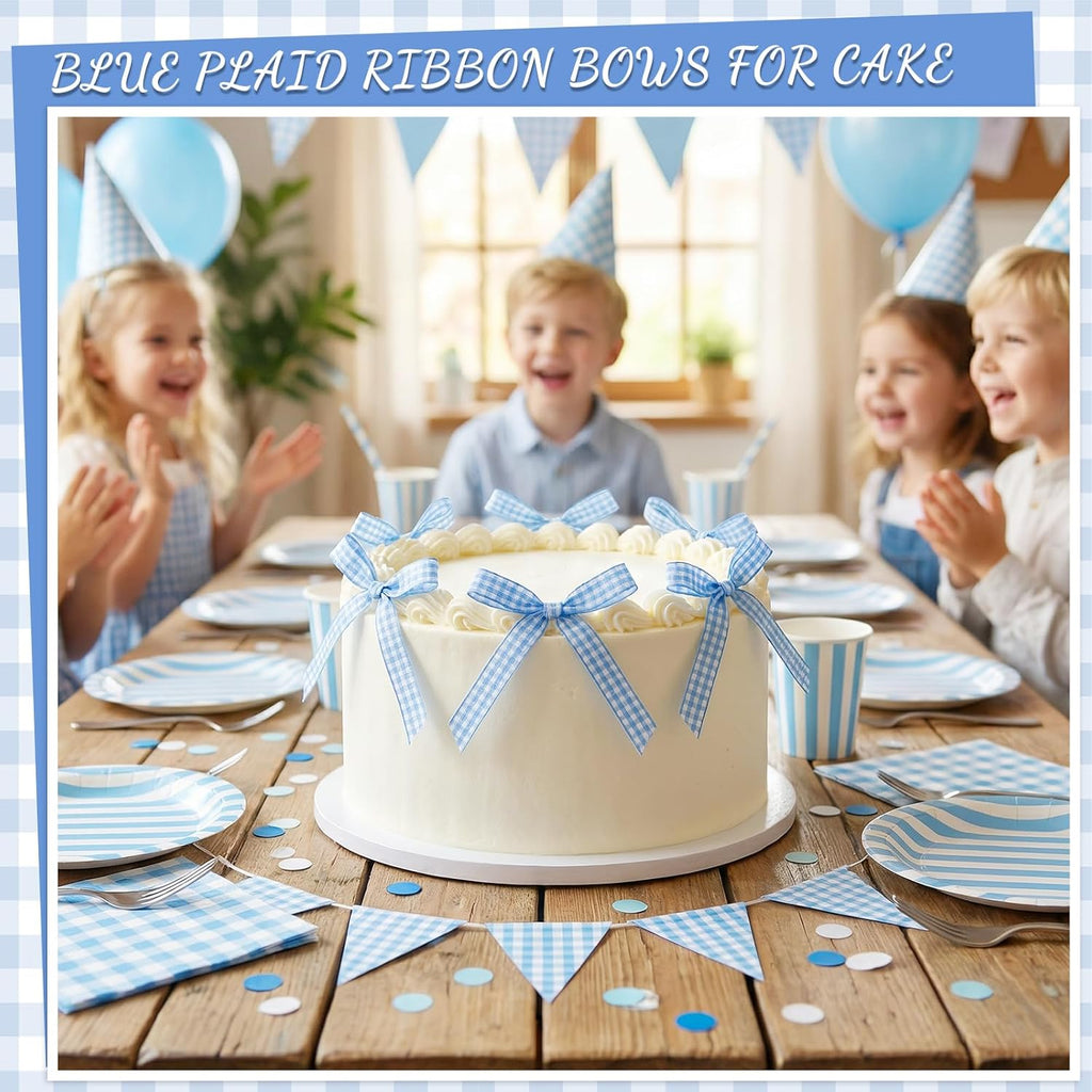 Skiennix 30 Pack Bow Cake Toppers - Blue Gingham Ribbons for Birthday & Baby Shower Celebrations