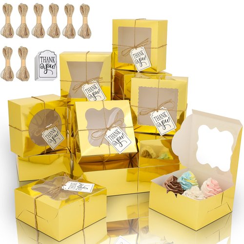 KPOSIYA 65PCS Bakery Boxes with Window 6x6x3 Inches 5 Style Cookie Boxes Small Pastry Boxes for Candy, Dessert, Pastry, Donuts, Birthday Party, Wedding(Gold)