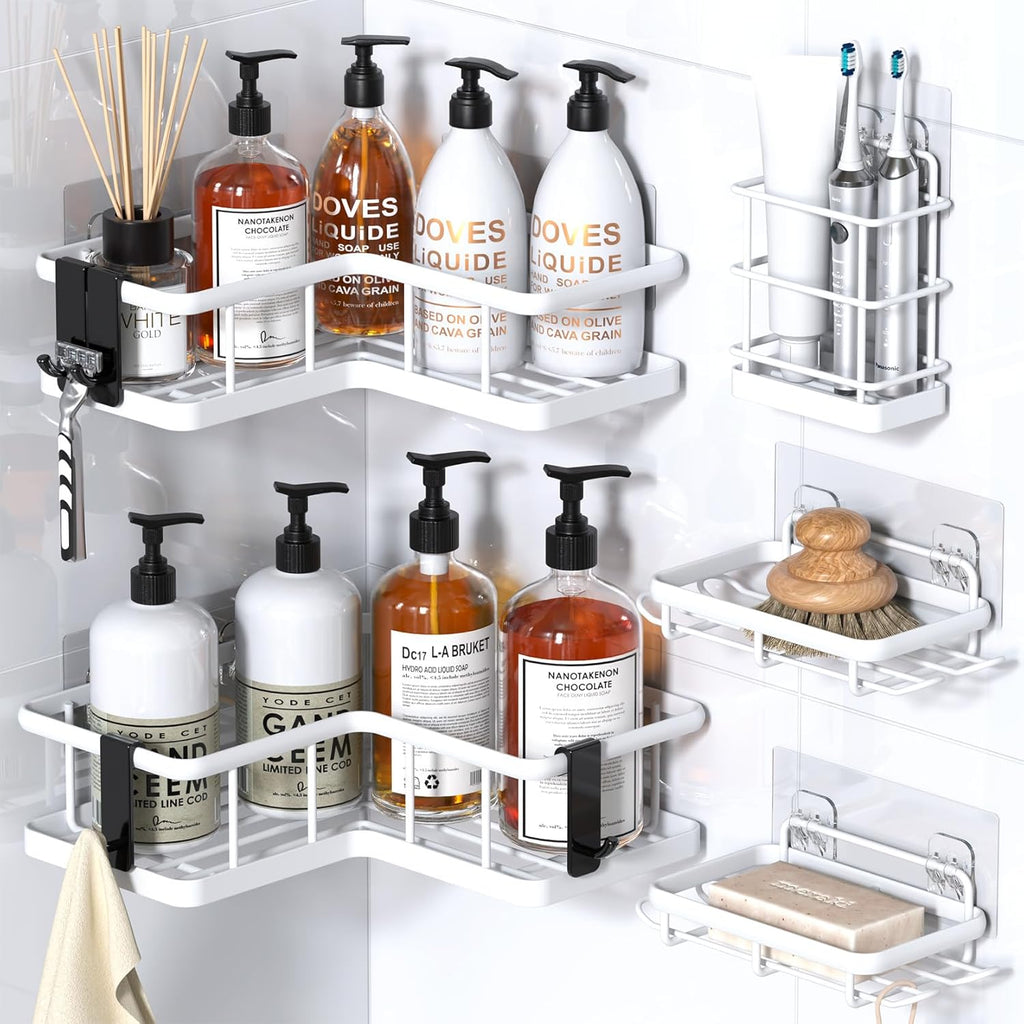 YASONIC Corner Shower Caddy - 5-Pack Rustproof Stainless Steel Organizer with Soap Holder | No Drilling, White