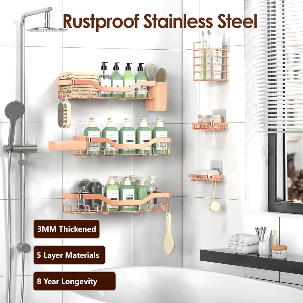 NESOMI Shower Caddy - Rustproof Stainless Steel Organizer with Soap Dish & Hooks | 8-Pack, No-Drill Design