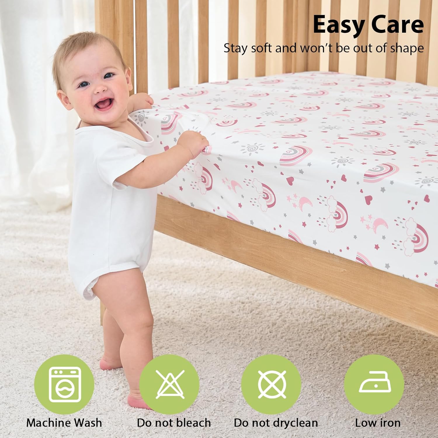 Skiennix Baby Crib Sheets - Super Soft Microfiber Fitted Toddler Bed Sheets | 3 Pack, Pink Rainbow, 52”x28”