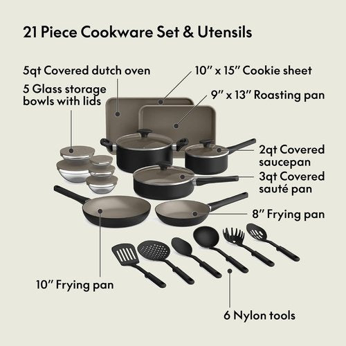 Bella 21-Piece Kitchen Set - EverGood™ Ceramic Nonstick Coating, Dishwasher Safe, Black