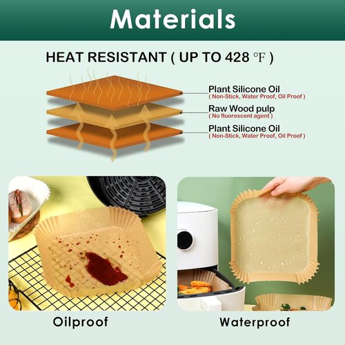 Air Fryer Paper Liners - 50 PCS Disposable Non-Stick Baking Liners | 8" Square for 5-8 QT Air Fryers