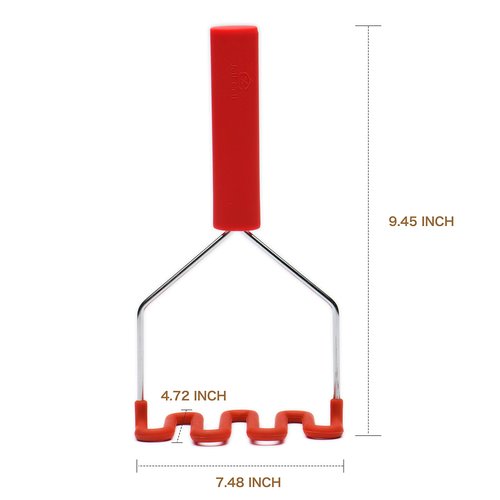 Jell-Cell Potato Masher - Silicone Protect Body with Premuim Stainless Steel Non-Scratch Cookware for Smooth Mashed Potato Vegetables and Fruits Color Red
