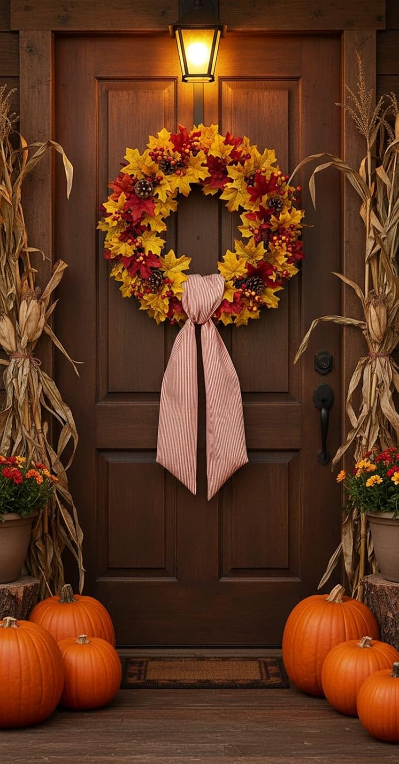 Orange Striped Wreath Sash by [Brand Name] - 5.12" Wide x 54" Fall Bow for DIY Farmhouse Decor