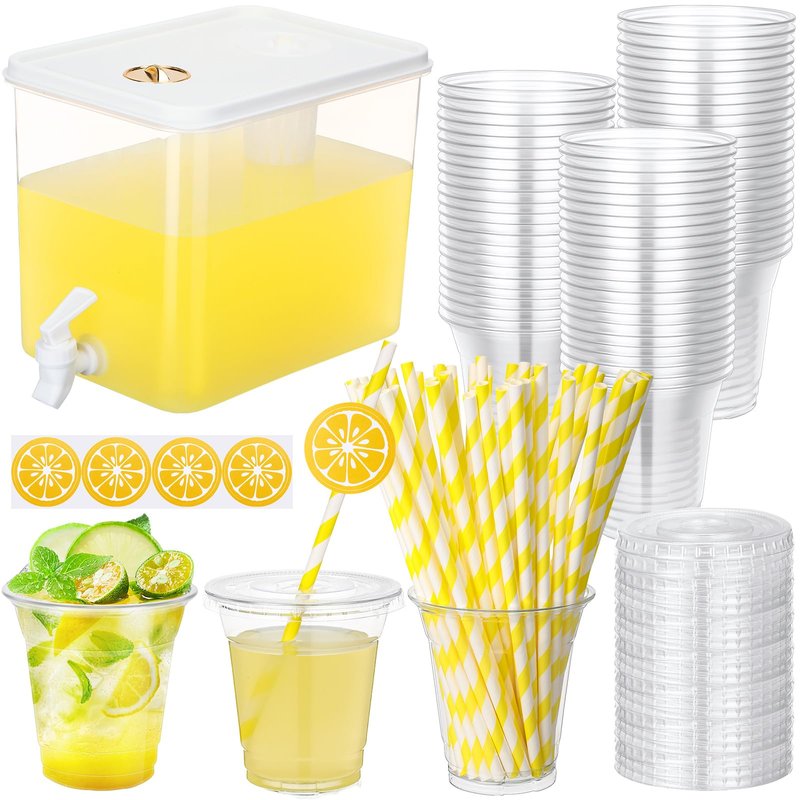Mumufy 2.3 Gallon Plastic Beverage Dispenser with Spigot 50set Disposable Cup Lemonade Sticker and Lid Straw Juice Pitcher Jug Beer Dispenser Refrigerator for Halloween Oktoberfest Outdoor Party
