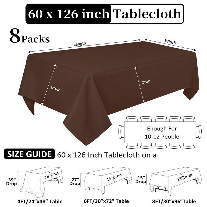 Heneger 8 Pack Brown Table Cloth 60 x 126 Inch Rectangular Tablecloths for 8 Foot Rectangle Tables, Wrinkle Resistant Brown Tablecloth Washable Polyester Fabric for Buffet Wedding Party Banquet