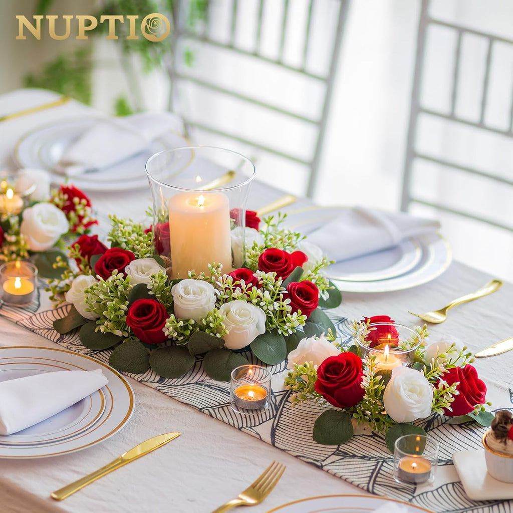 NUPTIO Candle Rings | 13.4 Inch Crimson & White Flower Rose Wreaths for Weddings & Christmas Decor - 2 Pcs
