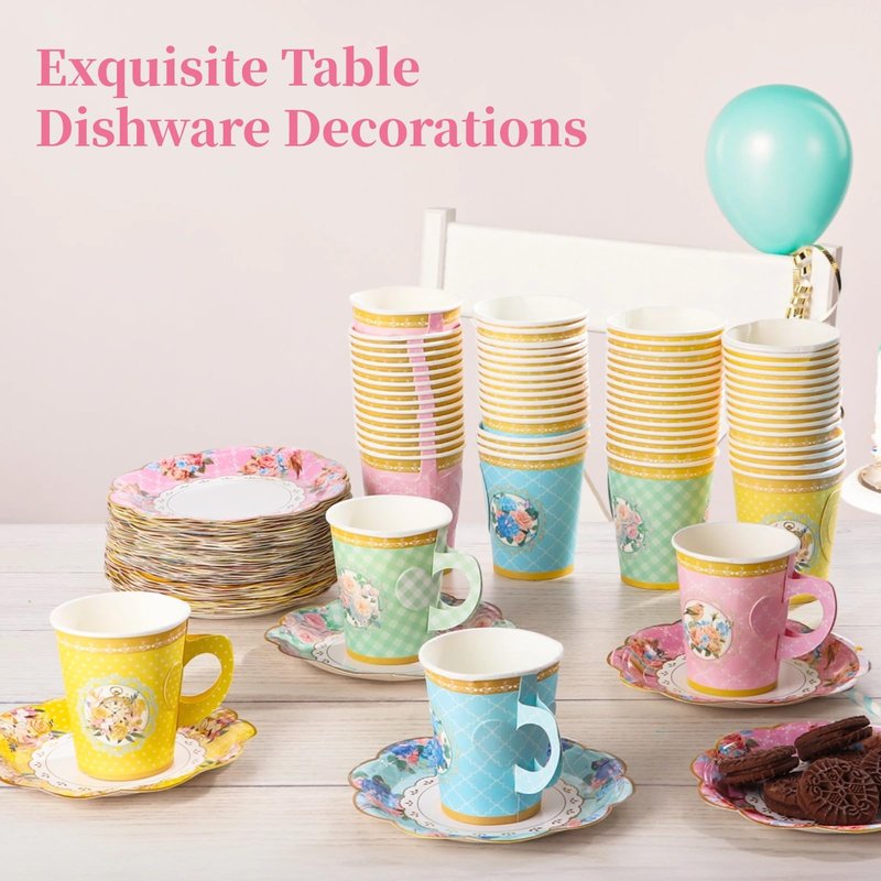 192 PCS Floral Paper Tea Cups with Handle - 96 Disposable Cups and Saucers for Birthday Wedding Tea Party Decorations