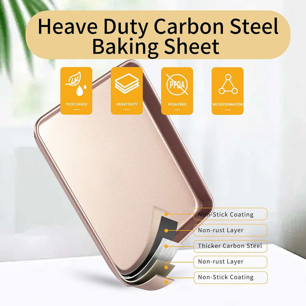 Small Cookie Sheet Pan - Nonstick Baking Tray 2-Pack | 9x11 Inch Heavy Duty Carbon Steel, Gold - Oven Safe & Easy Clean